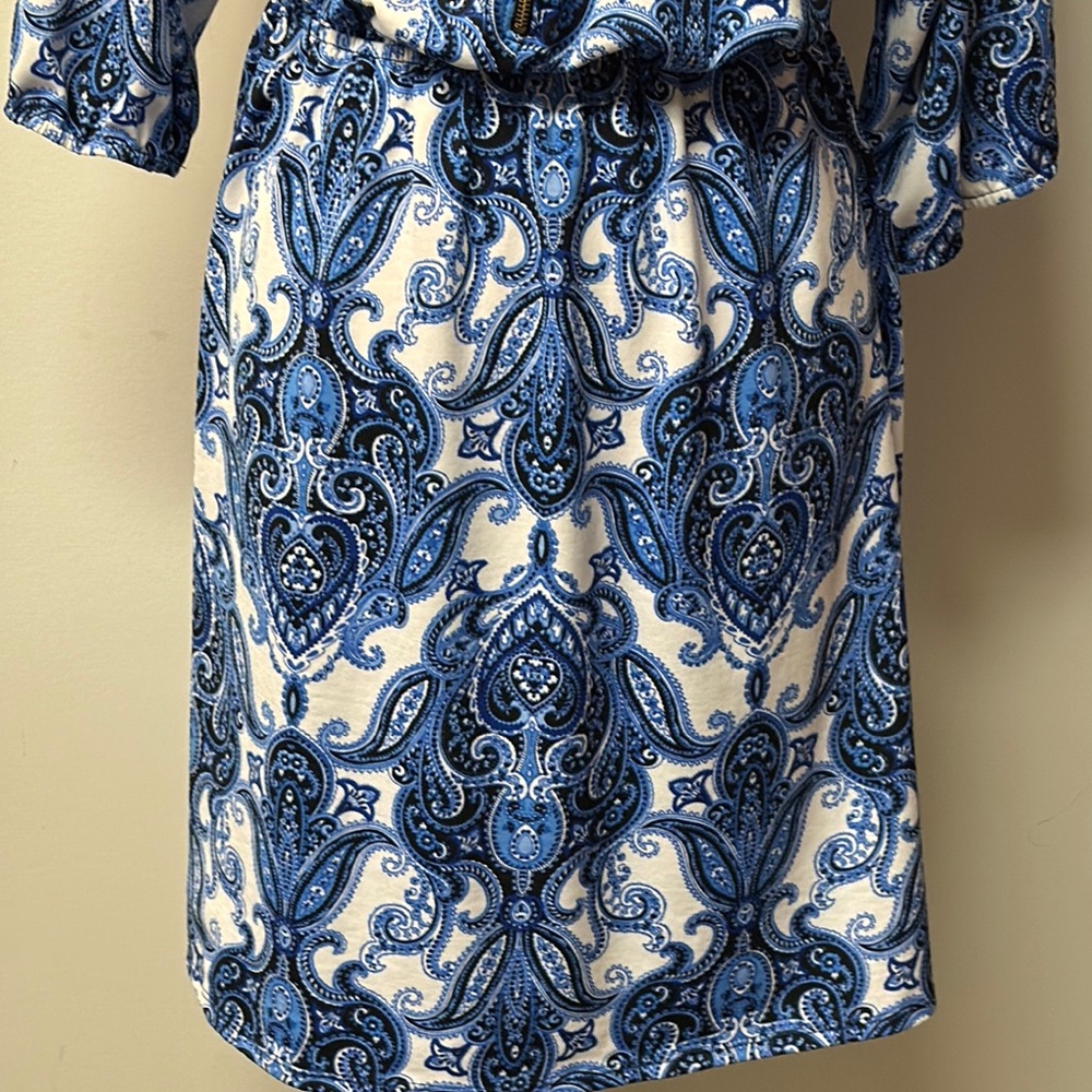 Expresso Dress Blue White Elastic Waist Zip Front V-neck Above Knee Plus Size 2X - Picture 3 of 9